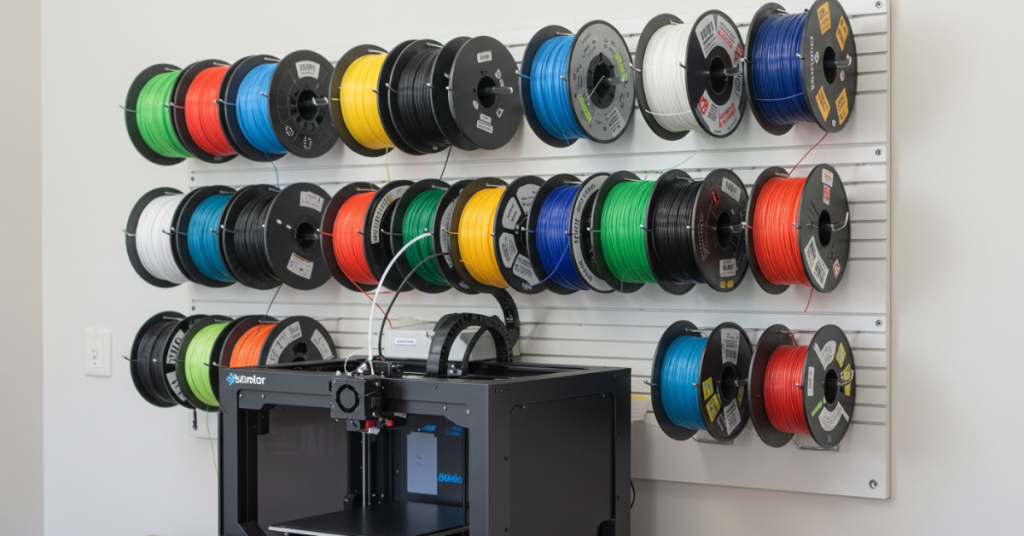 Wall-mounted racks holding colorful 3D printer filament spools neatly above a desktop 3D printer setup.