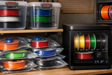 3D printer filament stored in airtight containers, vacuum bags, and a filament dry box on a workshop shelf