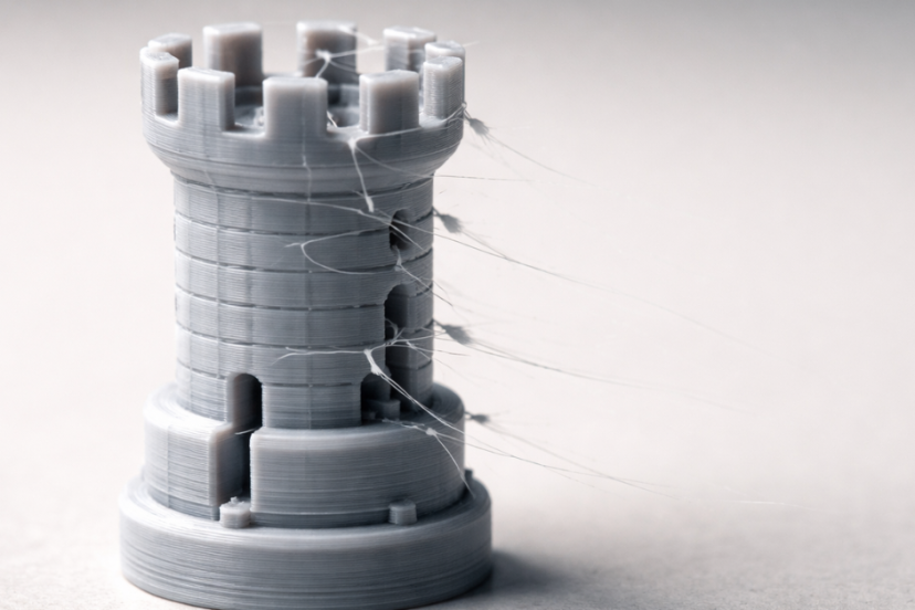 3D printed tower model showing visible stringing and filament oozing between layers, demonstrating poor extrusion control.
