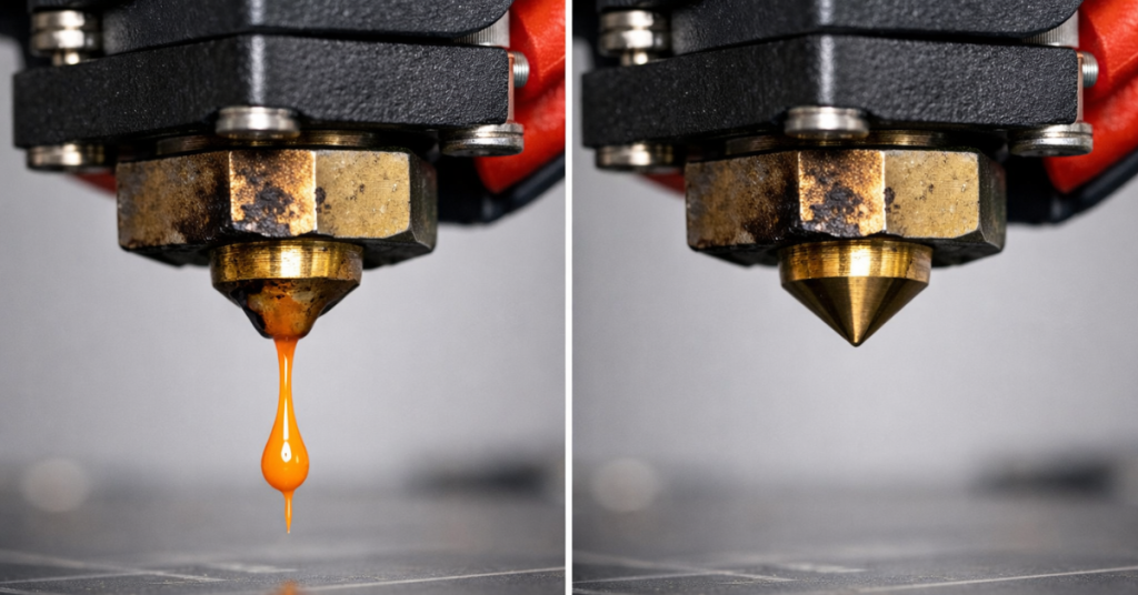 Side-by-side comparison of a 3D printer nozzle dripping molten filament versus a clean anti-oozing nozzle with no leakage.