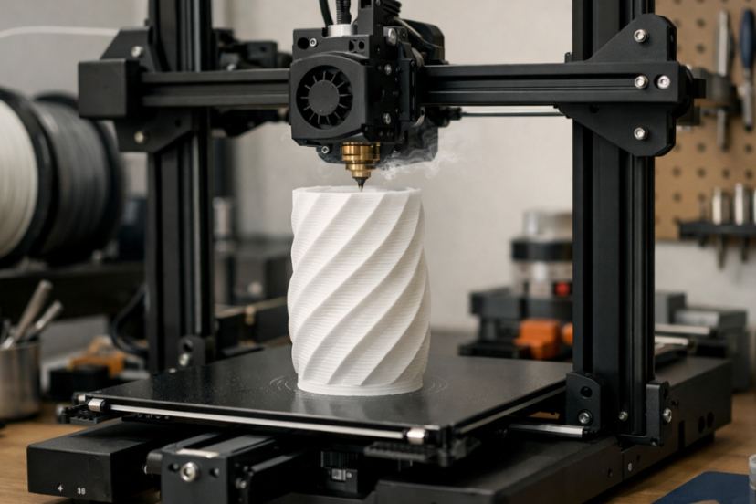 Desktop 3D printer actively printing a white spiral vase, illustrating a real-world scenario for checking filament moisture issues.