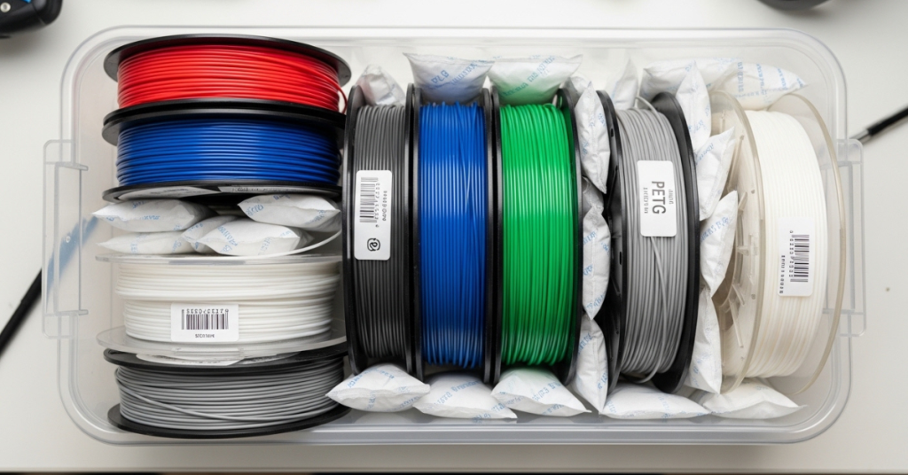 multiple 3D printer filament spools stored in an airtight container with silica gel packs to control moisture