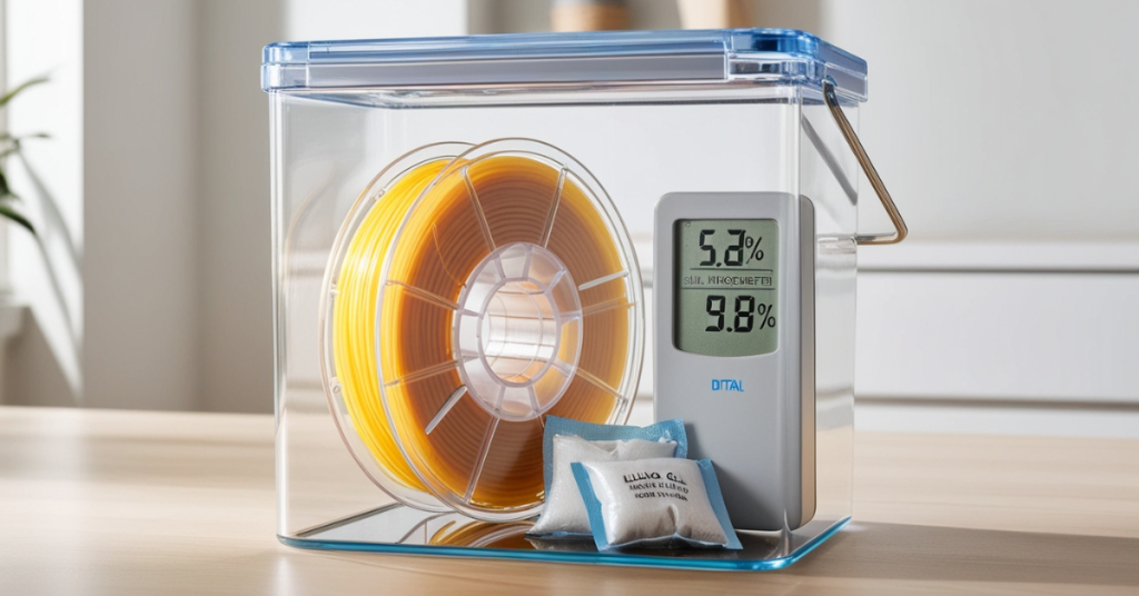 3D filament spool stored inside a clear airtight container with digital hygrometer and silica gel packs to monitor and control humidity levels.