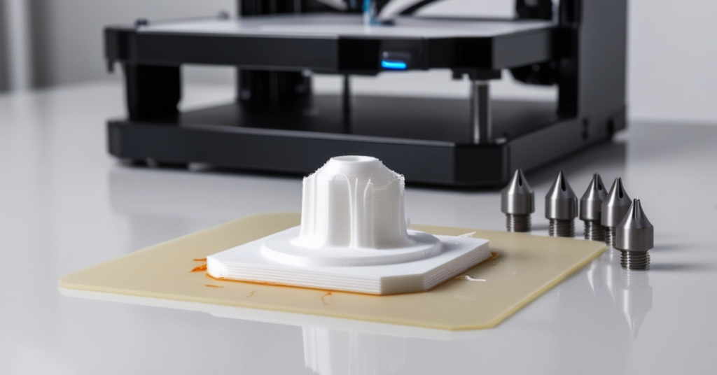 3D printed test model on a build plate with a set of anti-oozing 3D printer nozzles displayed beside it in a clean workspace.