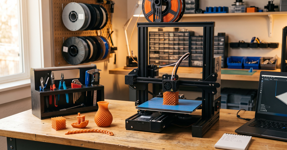 Orange TPU filament printing a lattice test model beside several completed calibration objects.