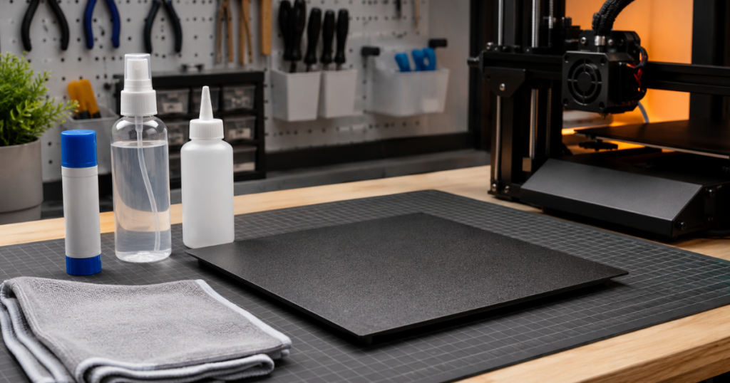textured build plate with cleaning cloth and adhesive bottles used to improve print adhesion