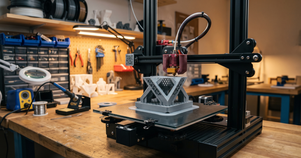 3D printer producing a detailed model with strong bed adhesion preventing warping or lifting