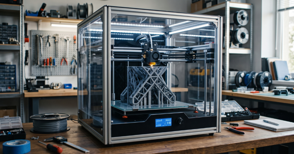 enclosed 3D printer maintaining stable conditions for improved bed adhesion on large print