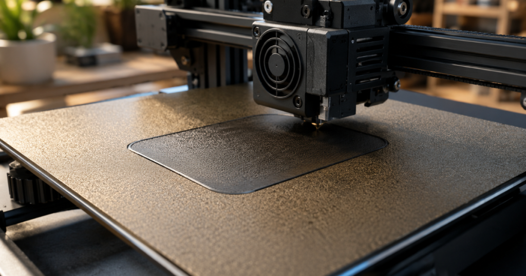close-up of nozzle printing first layer lines evenly across textured build surface