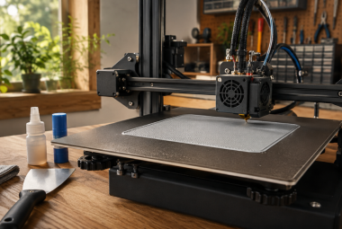 3D printer laying down a smooth first layer on a clean build plate with adhesion tools nearby