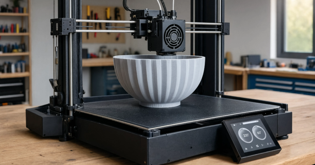 3D printer creating a large bowl model showing stable bed adhesion during the print