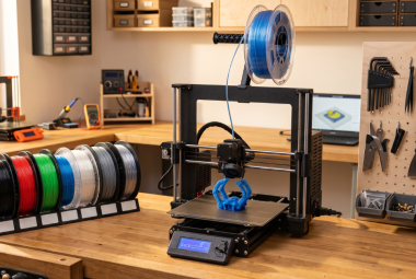 Desktop 3D printer using blue TPU filament to create a flexible part in an organized workshop.