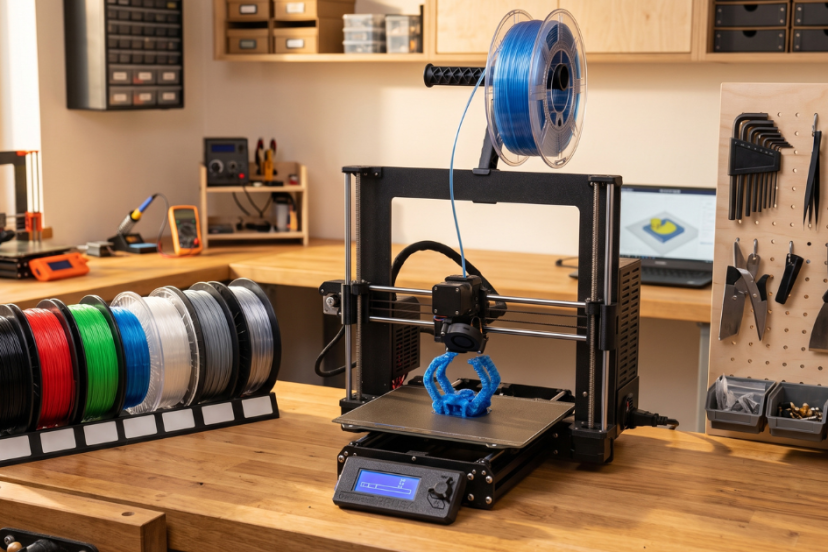 Desktop 3D printer using blue TPU filament to create a flexible part in an organized workshop.