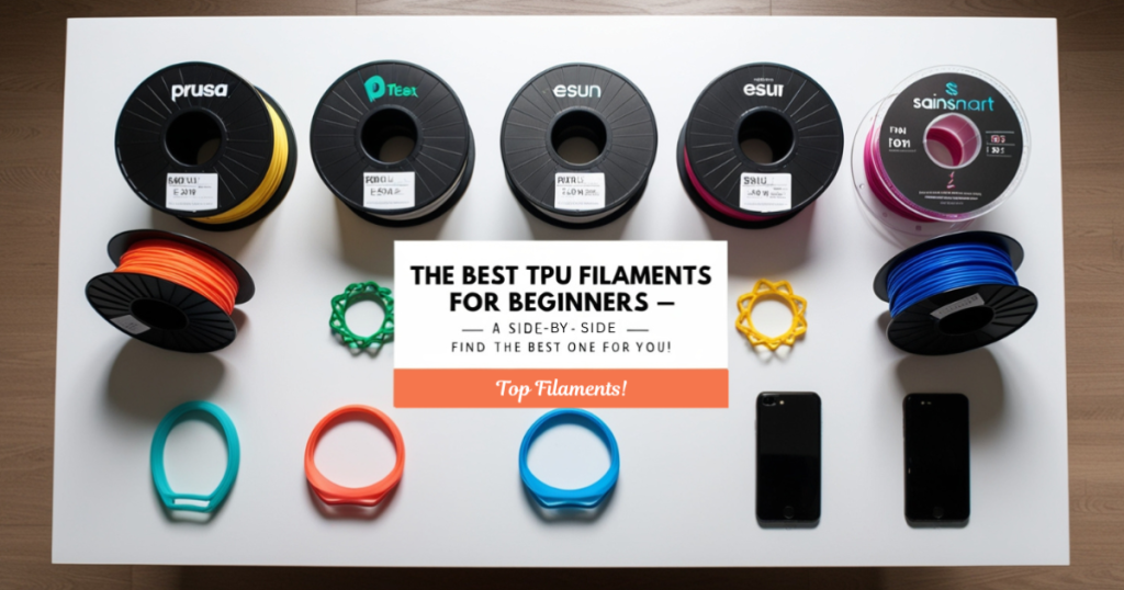 Overhead comparison of colorful TPU filament spools and flexible sample prints arranged around a beginner guide.