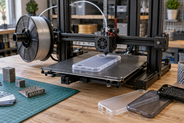 A desktop 3D printer producing a flexible TPU part in an organized workshop.
