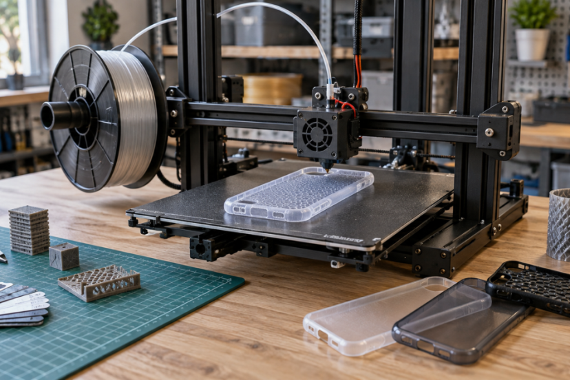 A desktop 3D printer producing a flexible TPU part in an organized workshop.
