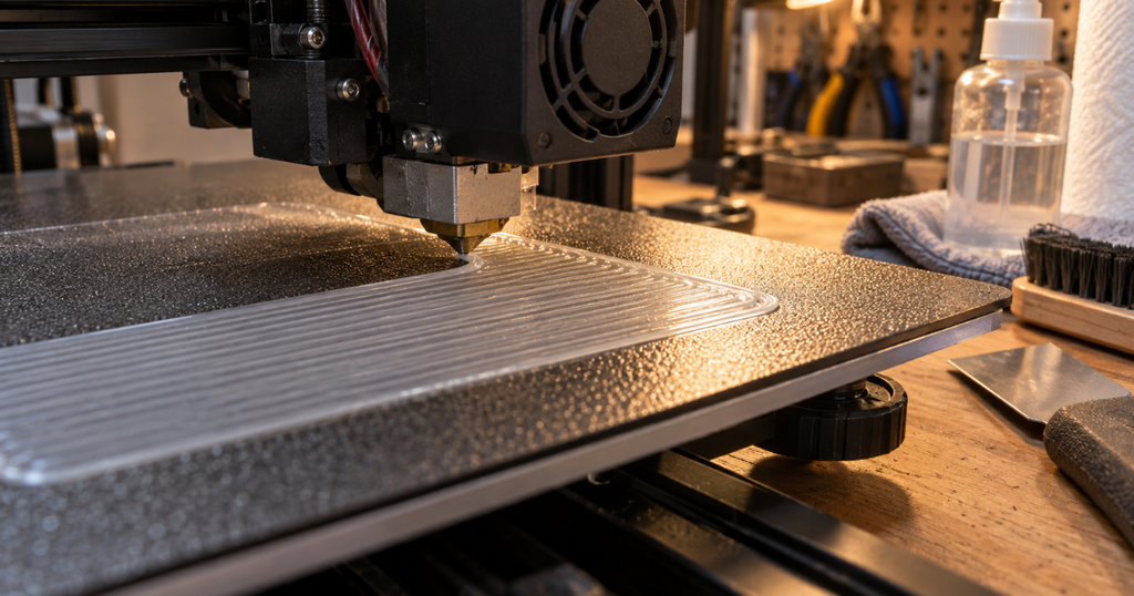 A 3D printer laying down a smooth TPU first layer on a textured build plate.