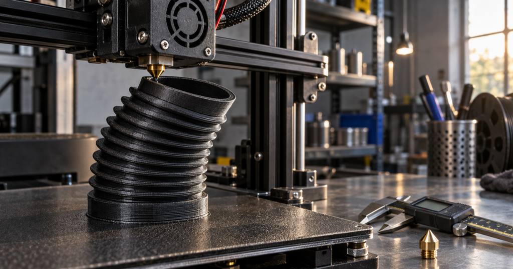 A 3D printer creating a flexible black TPU bellows with clean angled layers.