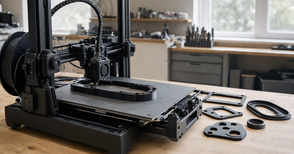 A 3D printer surrounded by finished black TPU calibration parts.