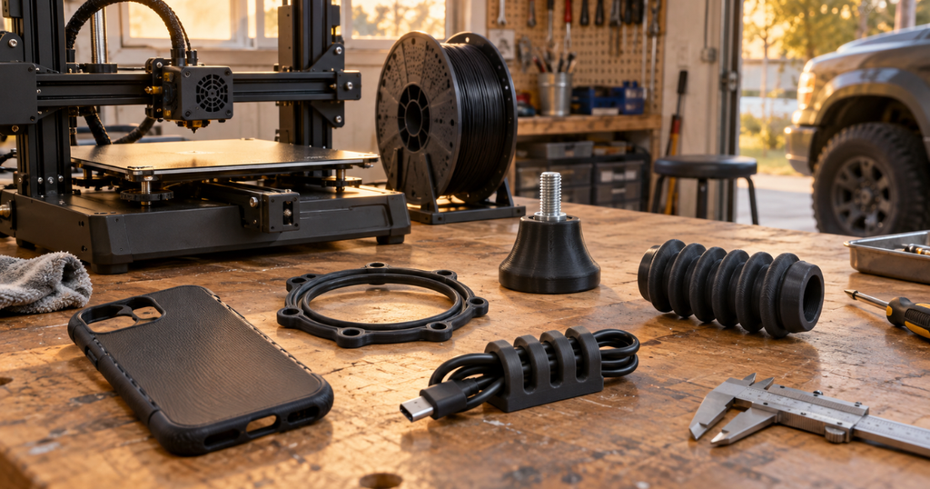 A phone case, cable organizer, bellows, and other functional TPU parts displayed near a 3D printer.