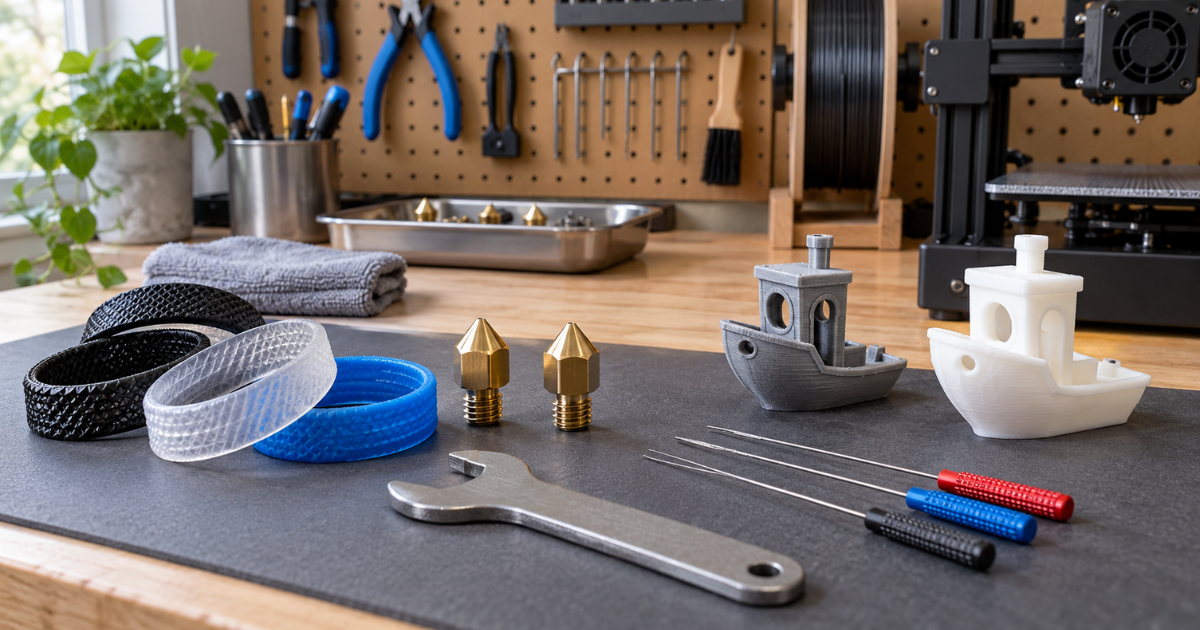 Flexible TPU rings, test boats, nozzles, and maintenance tools arranged beside a 3D printer.