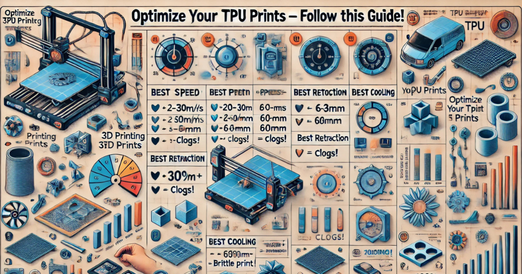 An illustrated guide comparing speed, temperature, retraction, and cooling settings for TPU printing.