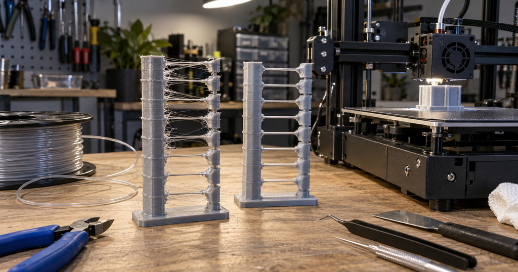 Two TPU retraction towers showing different levels of stringing beside a 3D printer.