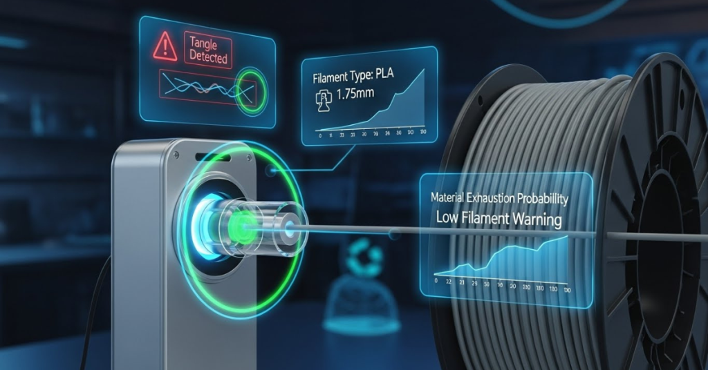 AI-powered smart filament sensor analyzing filament data with warnings for tangles, material type, and low-filament probability on a 3D printer.