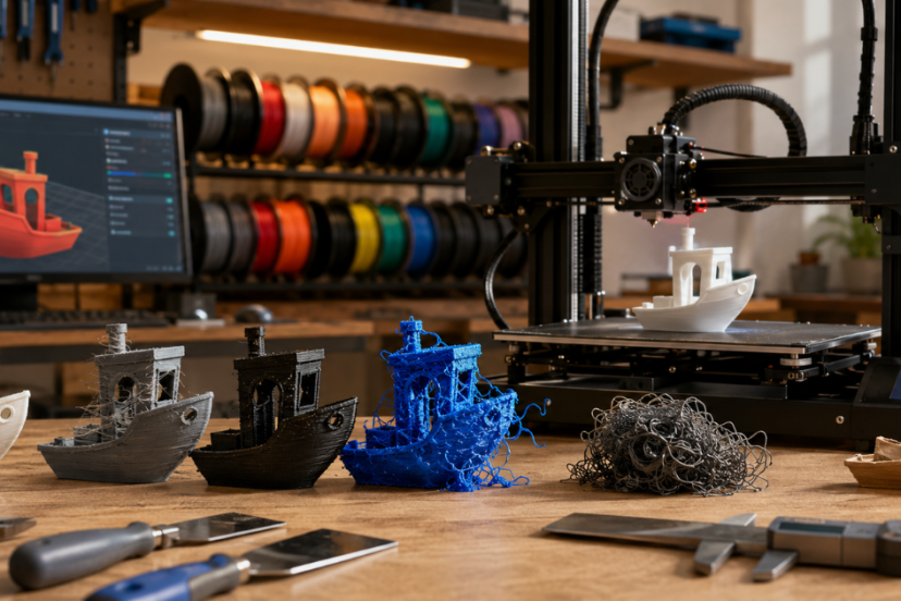 Multiple 3D printed Benchy models showing stringing, blobs, and failed prints beside a working printer