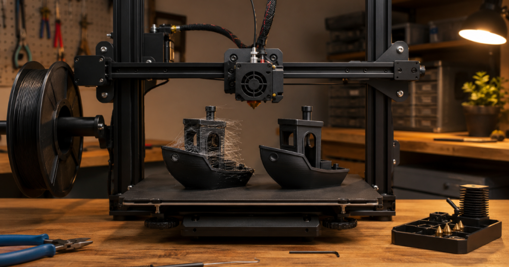 Two Benchy prints on a 3D printer bed, one clean and one covered in stringing defects