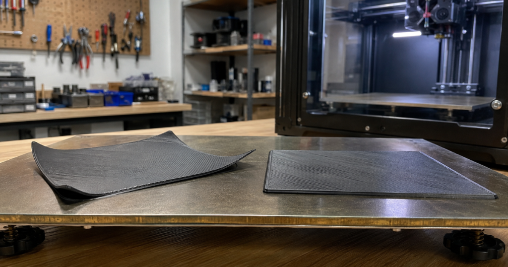 Warped and flat 3D prints on a build plate demonstrating poor bed adhesion versus proper results