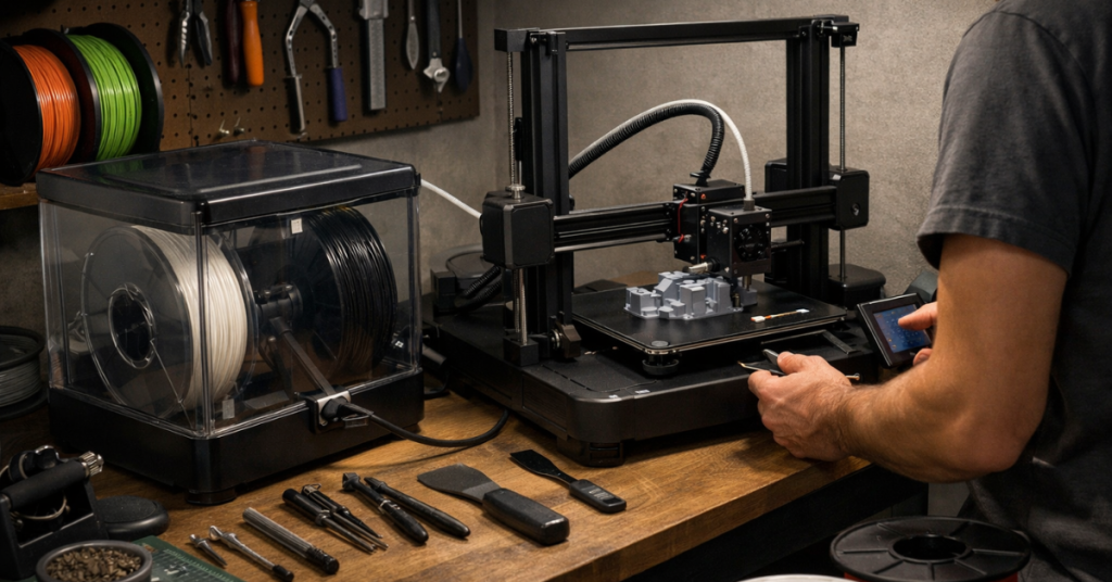 3D printer running with filament feeding from a dry box while a user monitors the print in a workshop