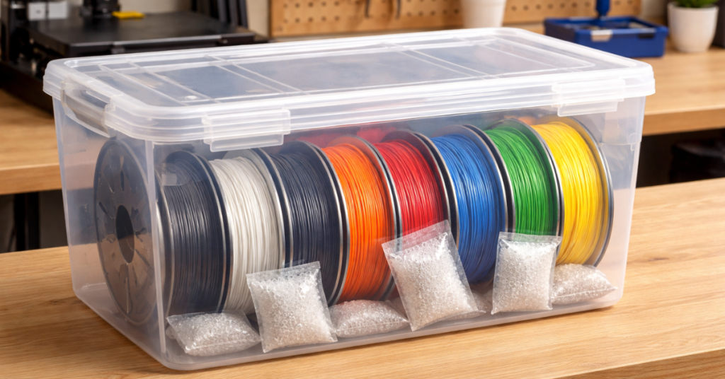 Clear storage bin filled with multiple filament spools and desiccant packs used for passive moisture control