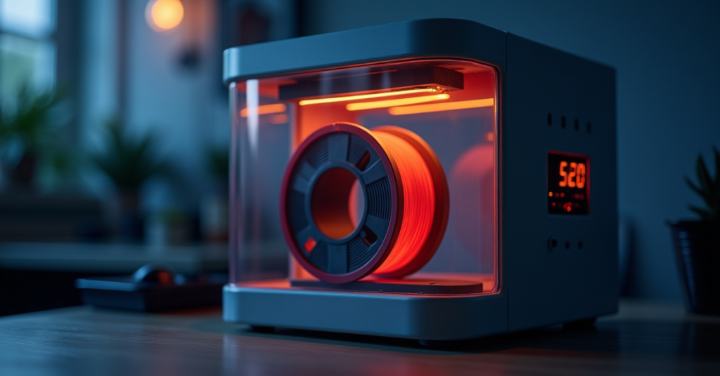 Electronic filament dryer box with spool inside illuminated by warm light maintaining controlled drying conditions