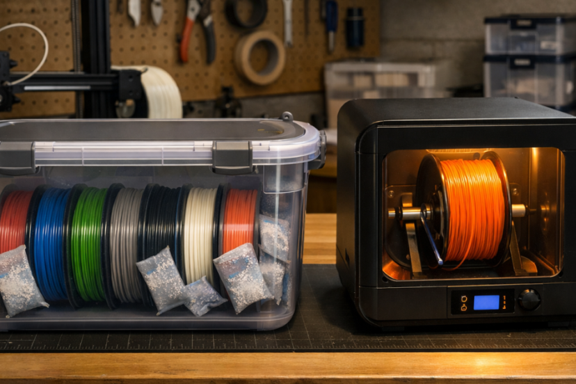 Airtight container with filament spools and desiccant packs next to an electronic drying box showing filament inside a workshop setup
