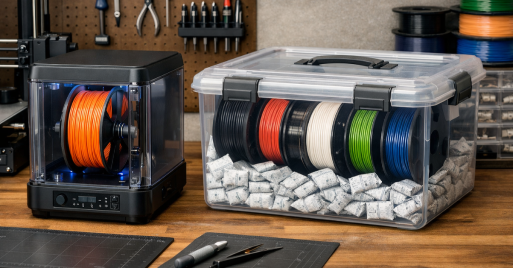 Side-by-side setup showing filament stored with desiccant packs compared to a powered drying box on a workbench