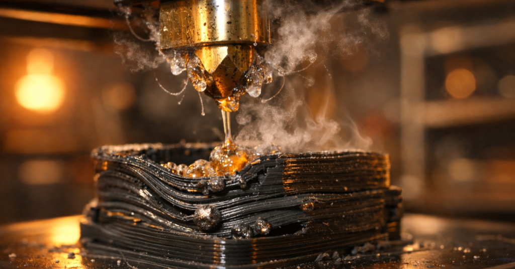Close-up of a 3D printer nozzle producing a messy print with bubbling and stringing caused by moisture in filament