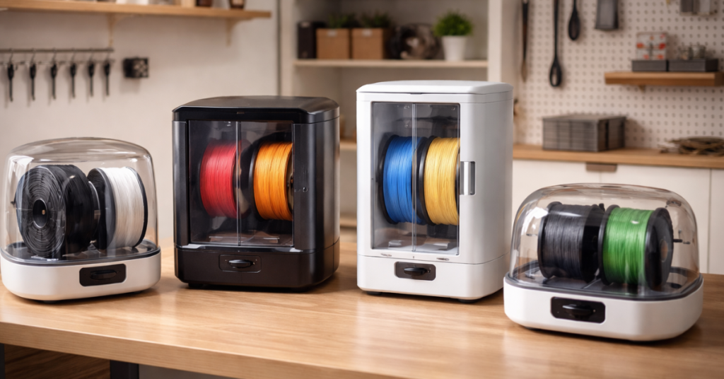 Comparison graphic showing desiccant packs around a filament spool versus a modern electronic drying unit