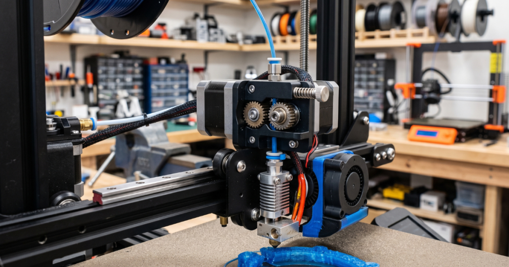 Close-up of a direct-drive extruder feeding blue TPU filament while printing a flexible component.