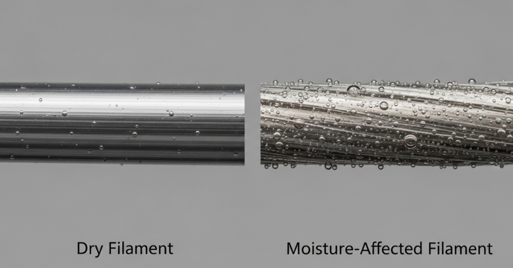 Side-by-side close-up comparison of smooth dry 3D filament and moisture-affected filament showing bubbles, pitting, and surface irregularities.