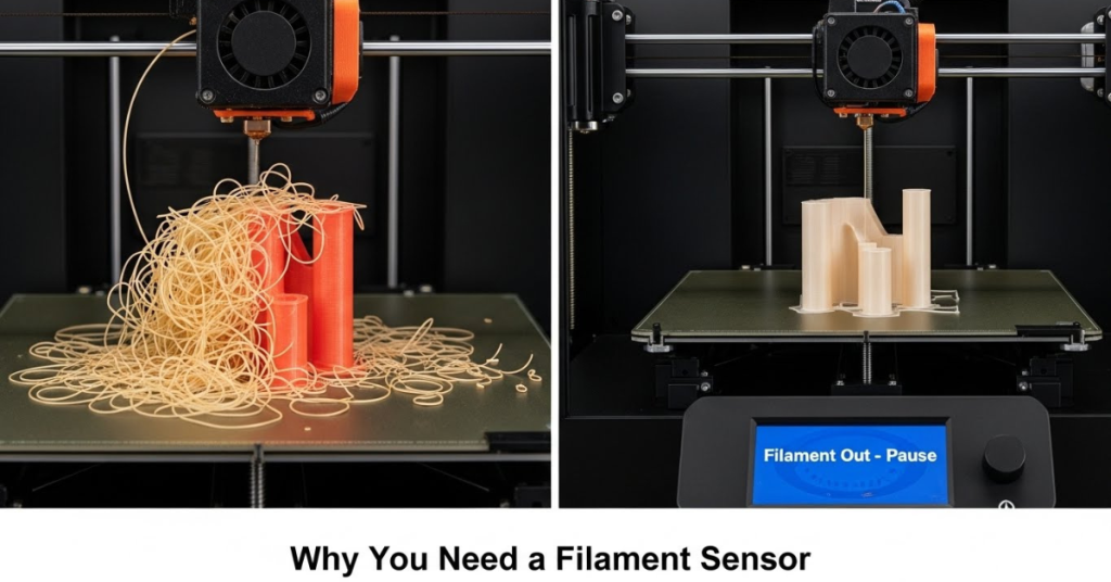 Side-by-side comparison showing a failed 3D print with spaghetti filament versus a clean paused print with a ‘Filament Out – Pause’ sensor warning.