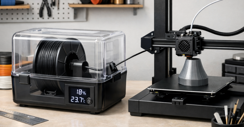 3D printer filament stored in a dry box with humidity display while feeding directly into a 3D printer
