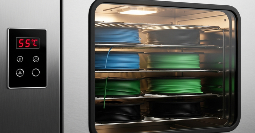 multiple 3D printer filament spools inside a filament dryer machine set to controlled temperature for moisture removal