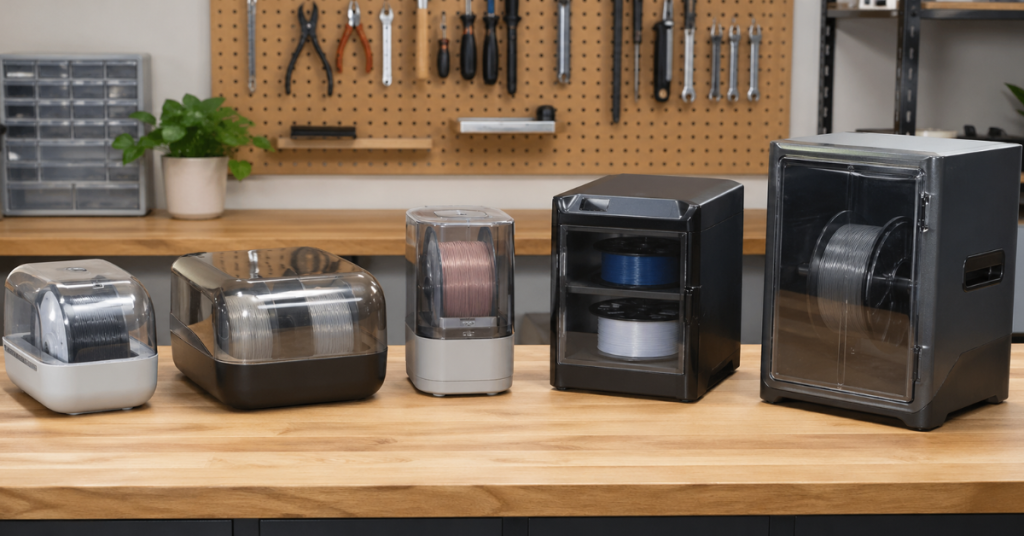 Lineup of various filament dryers on a workbench showing different sizes and capacities for 3D printing setups