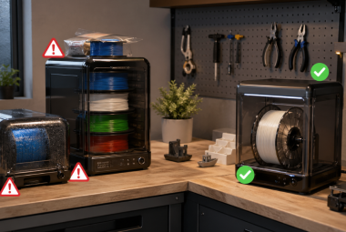 Comparison of multiple filament dryers showing improper setups with warning icons and a correctly used unit on a 3D printing workbench