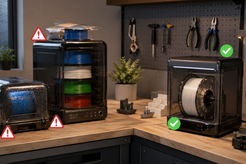 Comparison of multiple filament dryers showing improper setups with warning icons and a correctly used unit on a 3D printing workbench