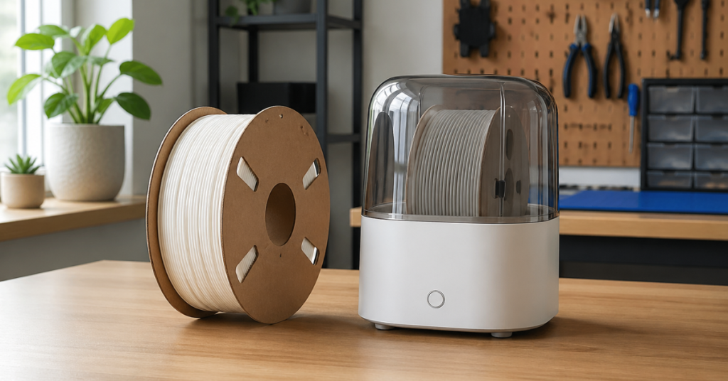 Comparison of a filament spool left exposed versus one stored correctly in a sealed dryer setup