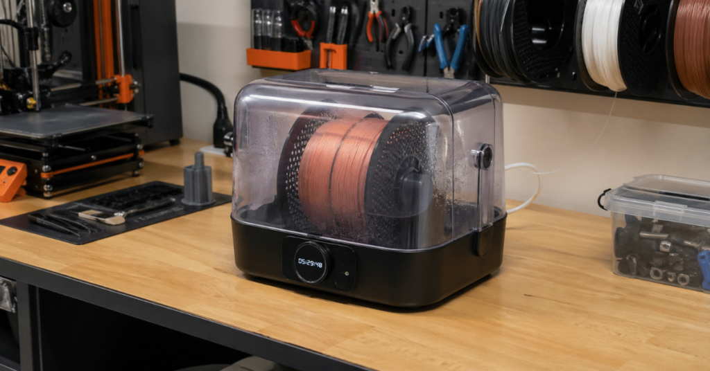 Filament spool inside a dryer with visible condensation buildup indicating poor drying conditions