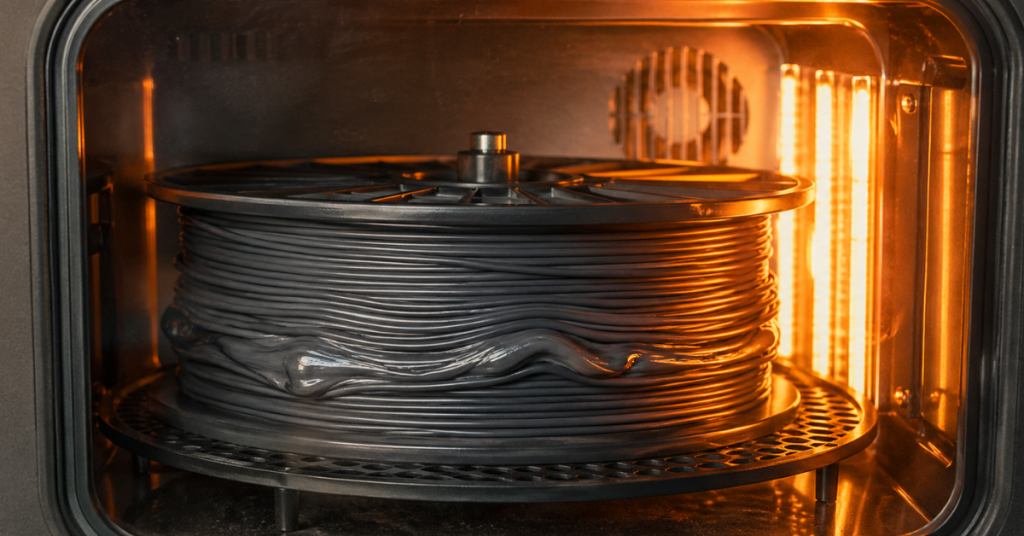 Close-up of a filament spool inside a dryer showing deformation from excessive heat during drying