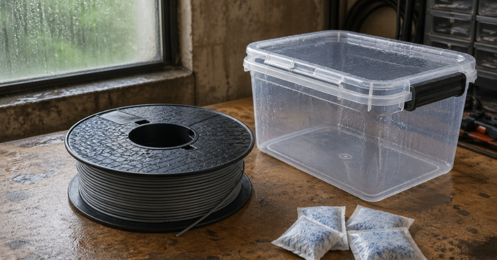 Filament spool next to a damp storage bin and desiccant packs showing improper moisture control
